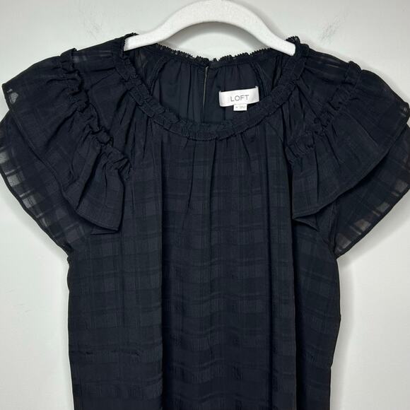 LOFT Black Cap Sleeve Shirt Size M NEW Plaid Grid - Picture 2 of 9